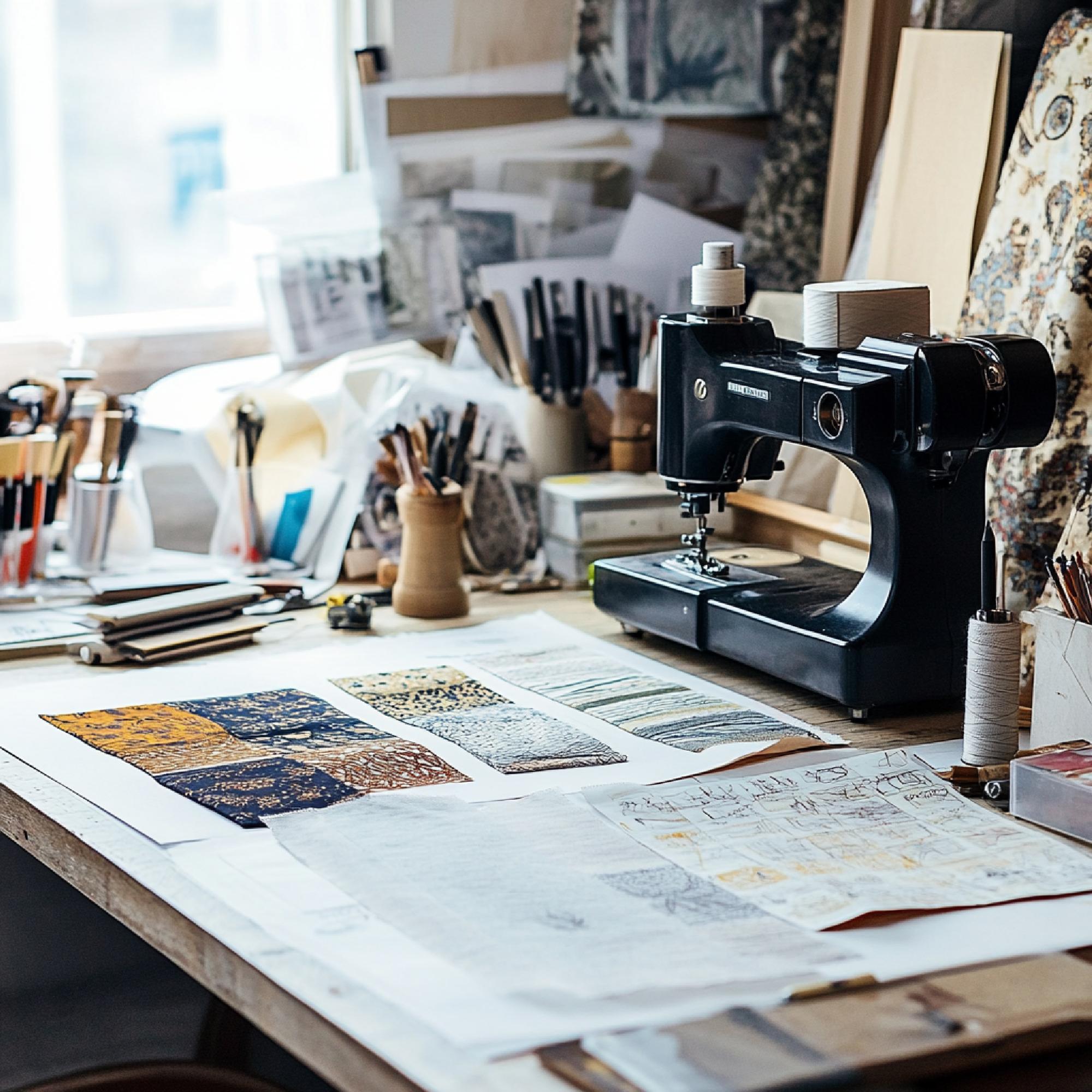 atelier z narzędziami do haftu i wyświetlonym projektem